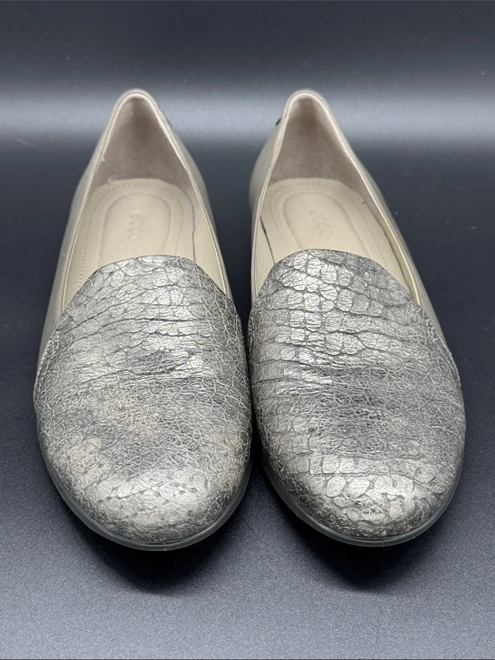 Ecco Grey Snake-Embossed Toe Cap Slip-On Touch Ballerina  Flats Sz 37 (US 6-6.5)